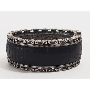 Antiqued Silver Tone Black Leather Insert Hinged Bangle Bracelet Magnetic Clasp